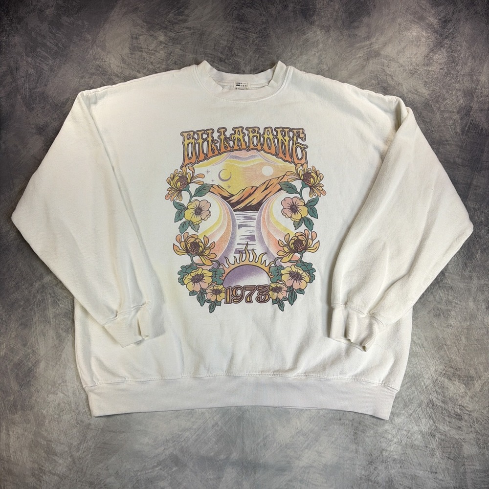 Billabong Sweatshirt Womens XL White 1973 Floral Graphic Sun Surf Pullover